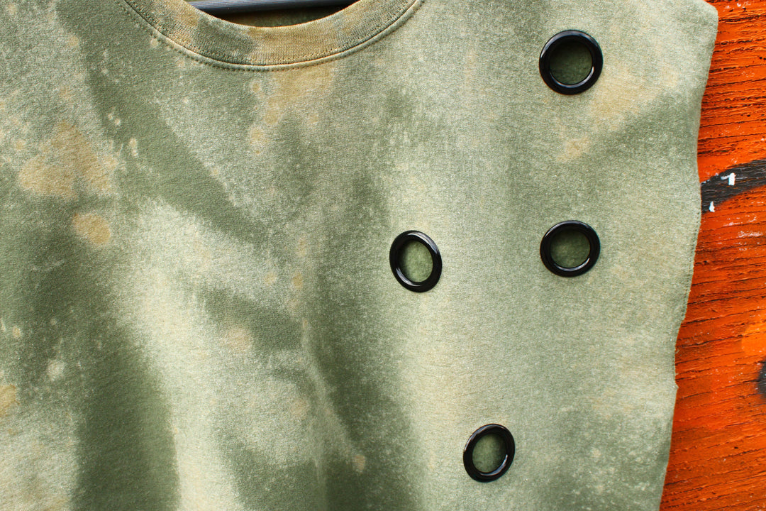 Industrial Grunge Sleeveless Grommet Sweatshirt-Bleach Dyed